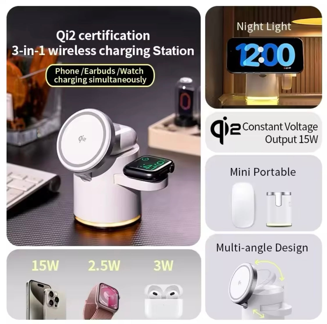 3-in-1 QI2 Wireless Charger mit Nachtlicht